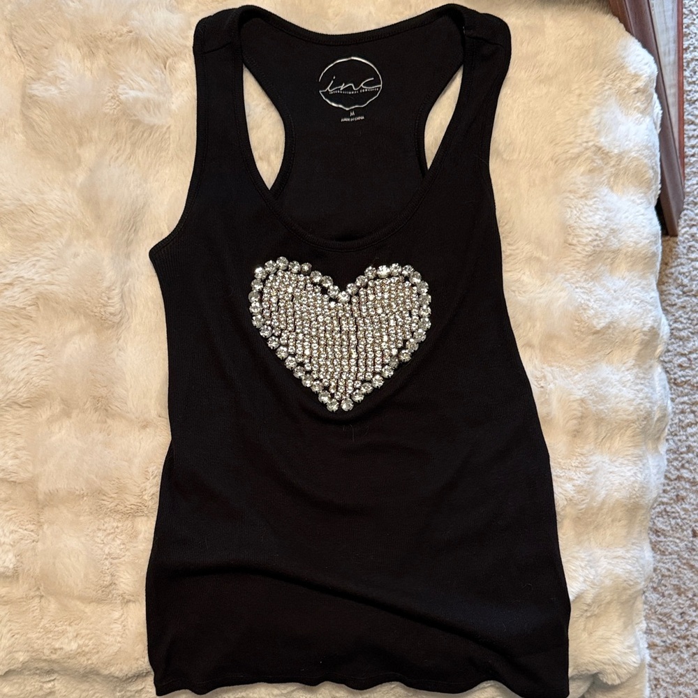 Black Tank Top with Heart Embellishment